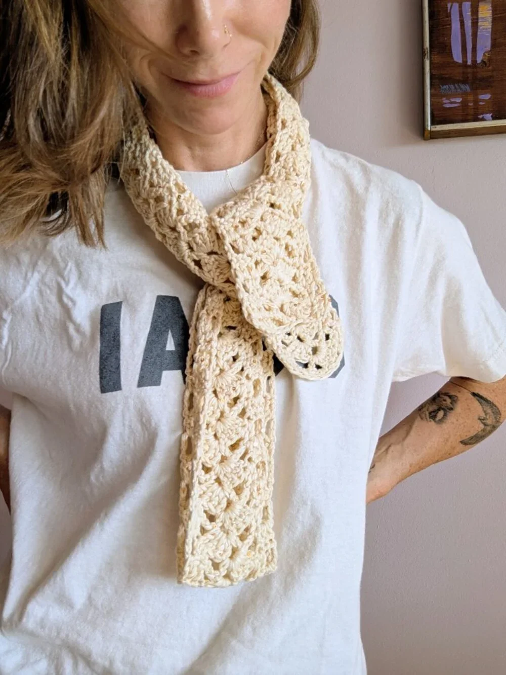 Handmade Crochet Lace Sequin Skinny Scarf Extra Long Linen Cream Gold